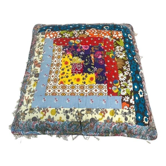 Vintage Patchwork Boho Throw Pillow Groovy MCM Quilted Handmade Kitschy Floral - Picture 3 of 6